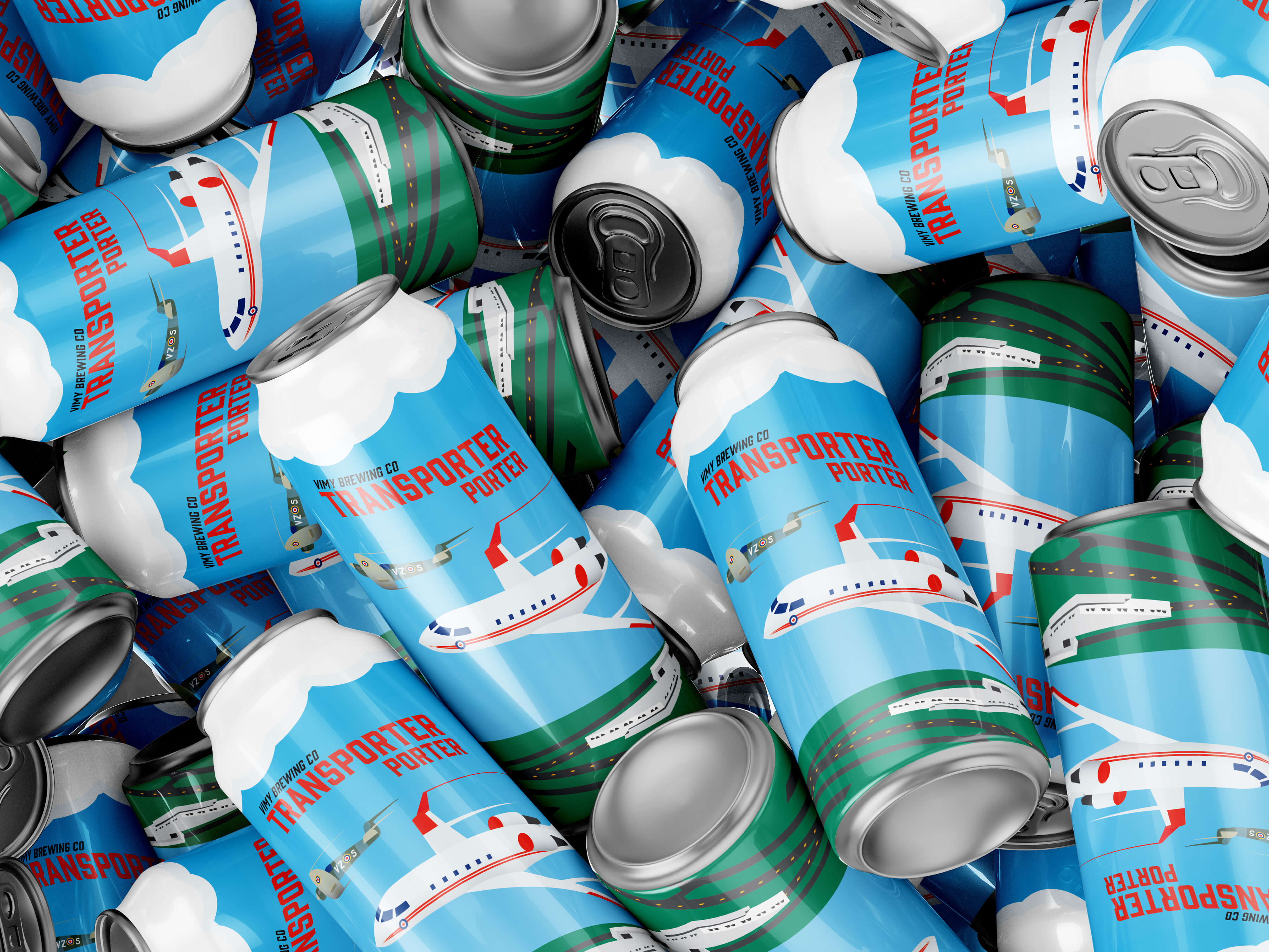 a pile of cans with designed labels